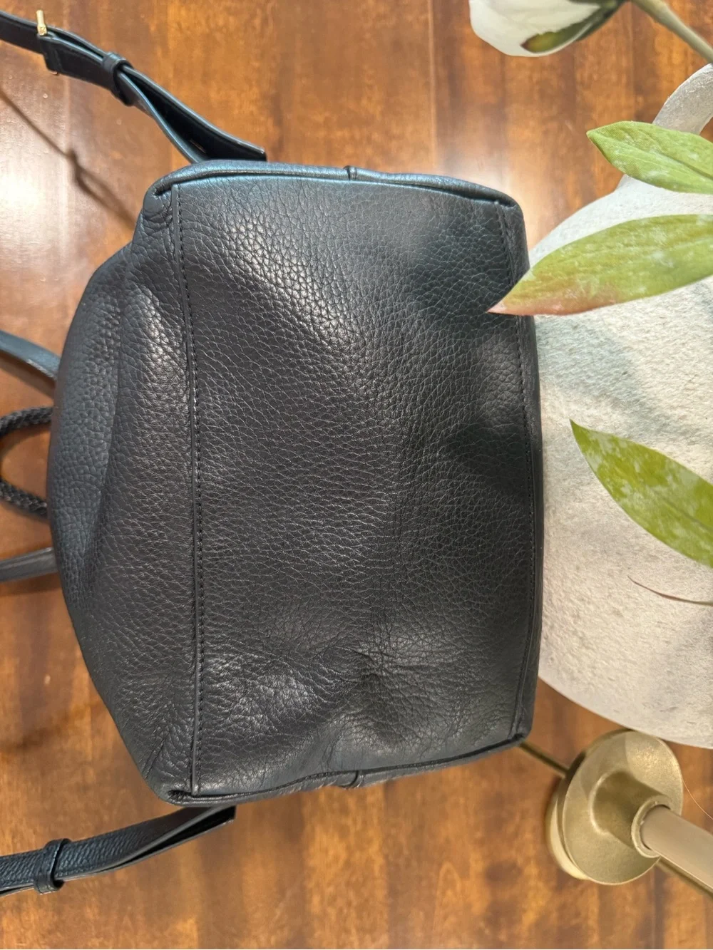 Tory Burch Black Pebbled Leather Tassel Drawstring Backpack